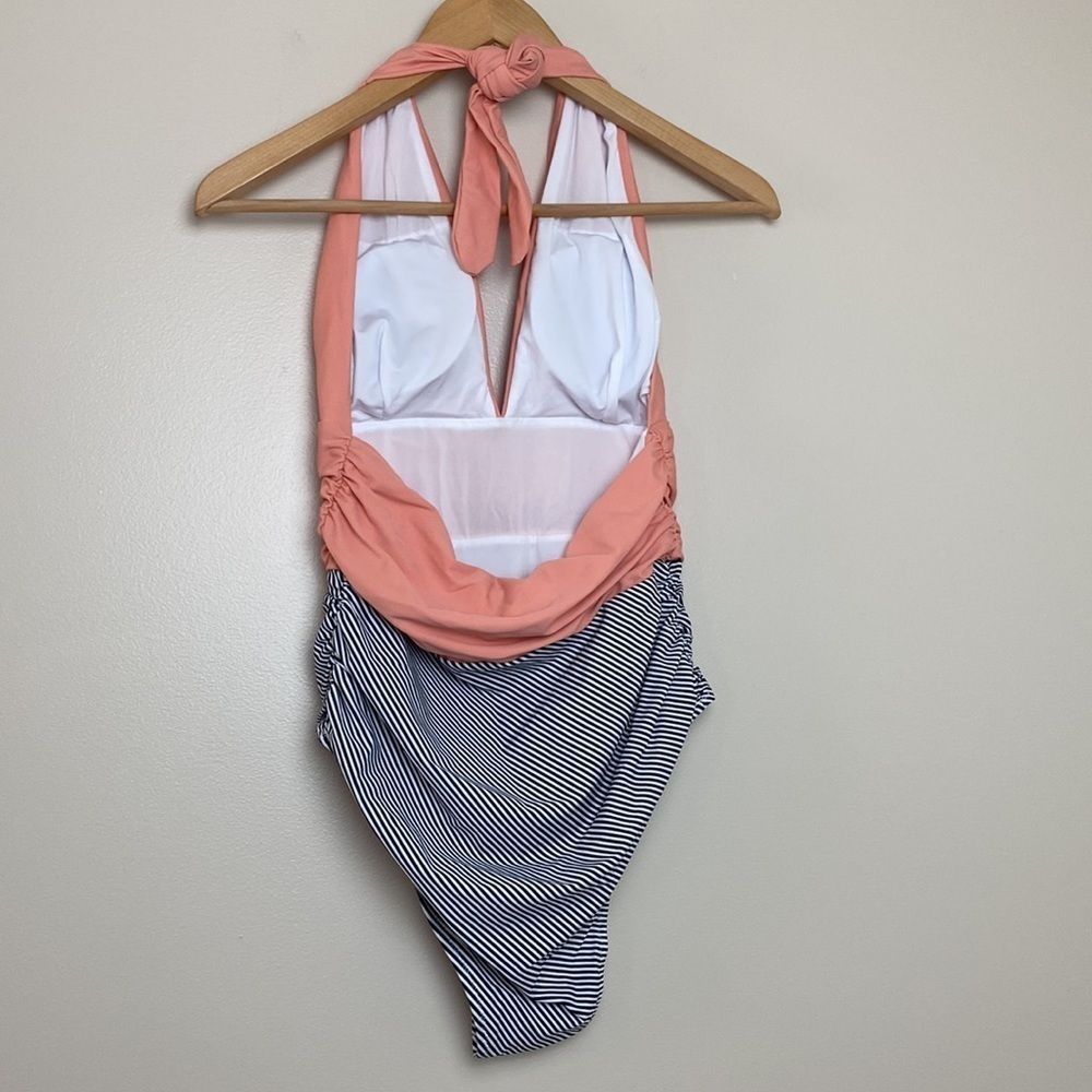 Cupshe Keeping You Accompanied Stripe One-Piece Halter Swimsuit Size M Coral - Picture 6 of 11